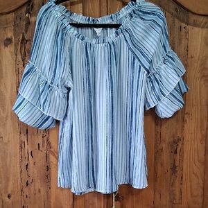 Elegant Blue Striped Ruffle Blouse